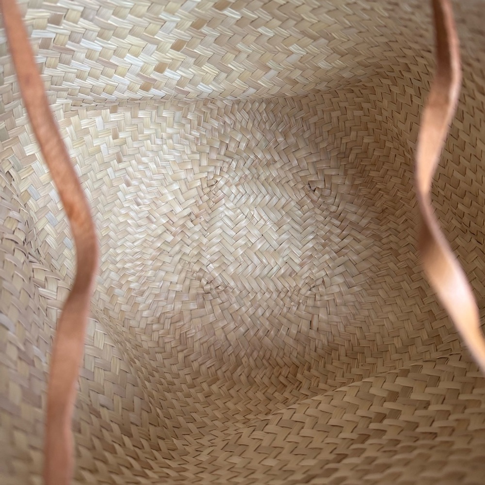 Woven Straw Shoulder Tote Bag with Leather Trim - Natural - Picture 11 of 12